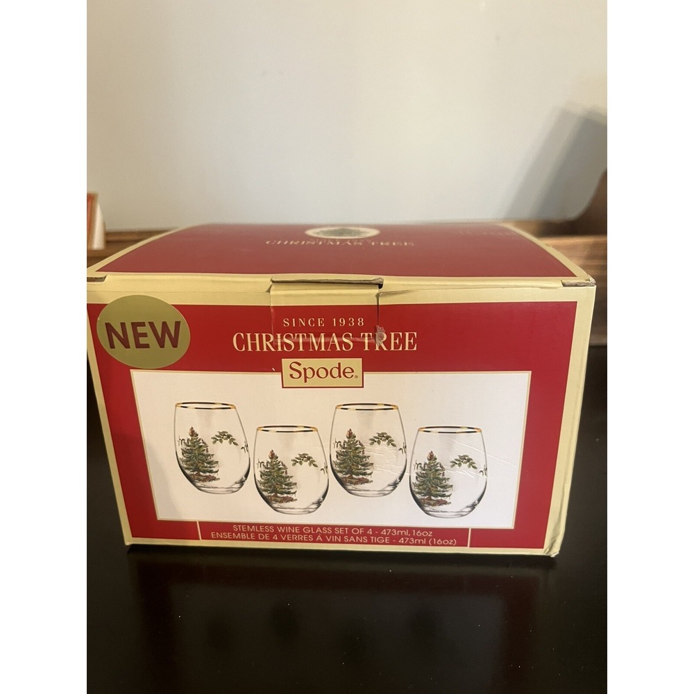 Spode Christmas Tree 19 Ounce Stemless Wine Glasses, Set of 4, 22 Karat Gold Rim
